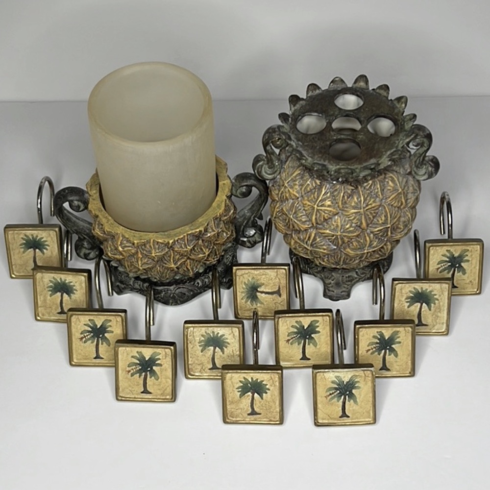 Vintage Pineapple Toothbrush Cup Candle‎ Holder & Palm Tree Shower Curtain Hooks - Picture 4 of 8